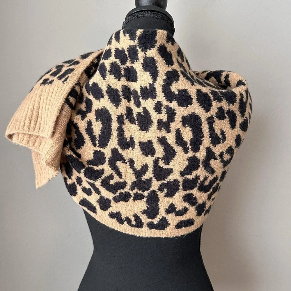 J Crew Scarf Womens Tan Black Leopard Print Alpaca Wool‎ Blend Knit Cozy Soft